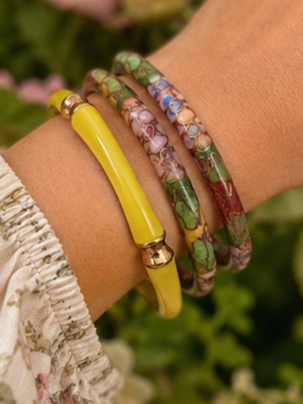 Y2K Vintage Enamel Bangle Set Colorful Cloisonné Floral Yellow Stack Bracelets